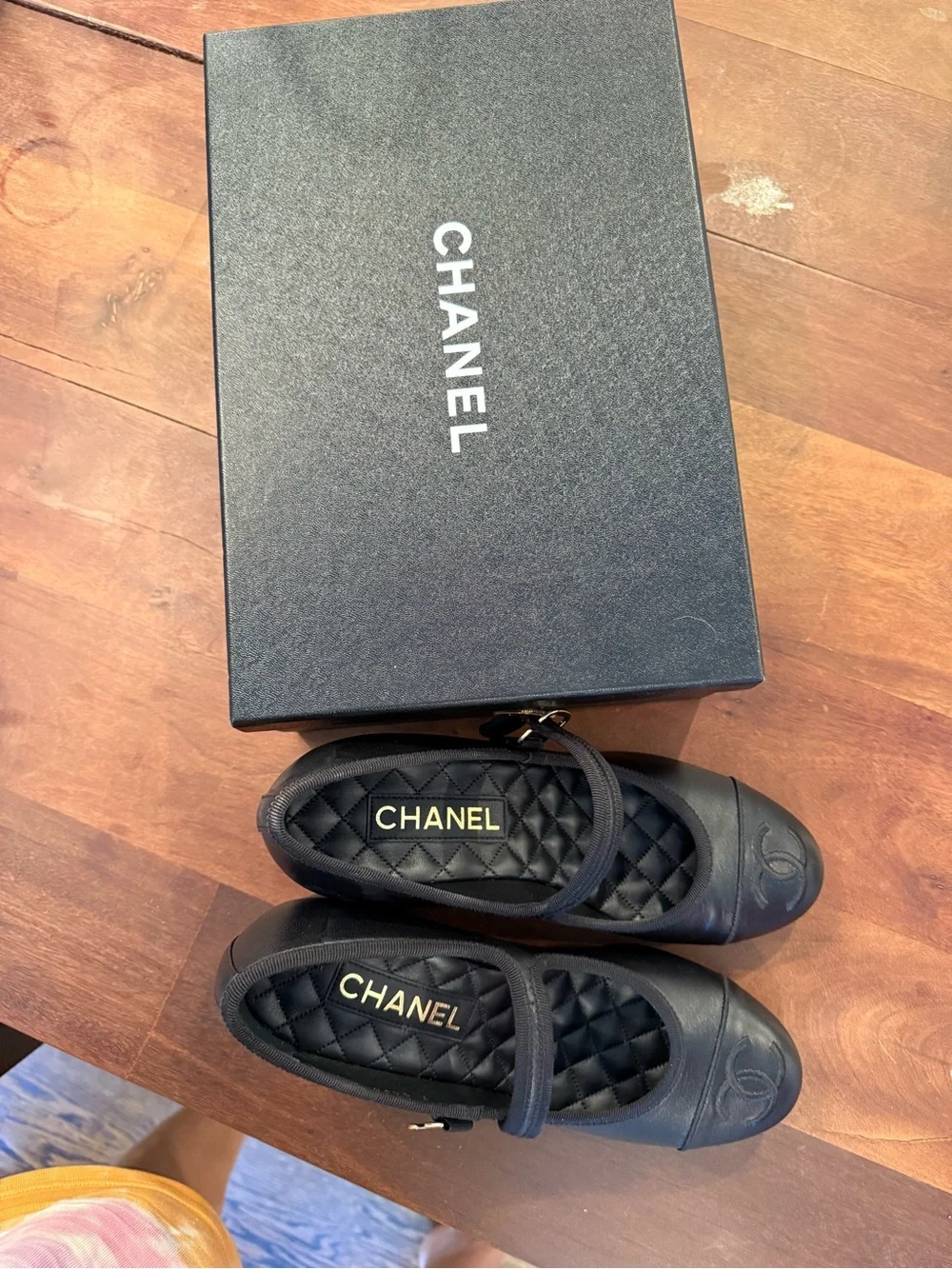 NWT CHANEL Black Leather Mary Jane Block Heels with Gold Buckle